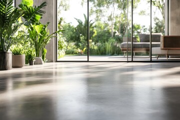 Sunlit modern interior with polished concrete floor, large glass doors, and lush outdoor view.