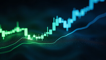 Dynamic financial data visualization with green and blue trends, success concept