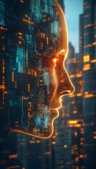 Artificial Intelligence. Stylized, illuminated Human Head, Glowing futuristic Circuitry .