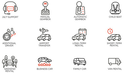 Vector Set of Linear Icons Related to car rental, booking service, and car-sharing. Mono line pictograms and infographics design elements - part 2