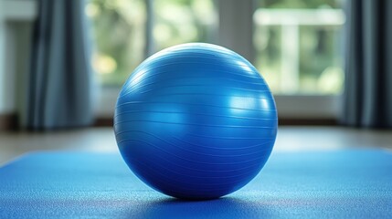 A vibrant blue stability ball, its surface smooth and inviting, rests on a plush blue surface, promising relaxation and rejuvenation for both yoga and fitness enthusiasts.