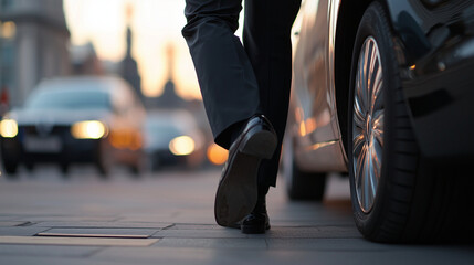 Fototapeta premium Passenger exiting a taxi at their destination for a quick trip