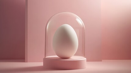 A minimalist masterpiece, a pristine white egg nestled under a glass dome, bathed in the soft glow of a pastel pink background, exuding an aura of delicate beauty and timeless elegance.