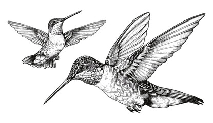 Hummingbird vintage engraving illustration, black and white ink sketch, colibri bird vector, hand-drawn tropical art, bird silhouette, hummingbird set, tropical nature, bird drawing