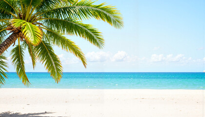 Lush palm tree against serene ocean and clear blue sky