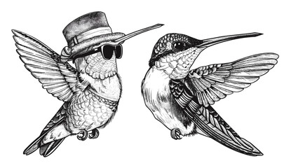 Vector vintage engraving, hummingbird sketch, fashion illustration, tropical bird silhouette, colibri, ink art, sunglasses, humming costume, hipster hat, tropical bird background