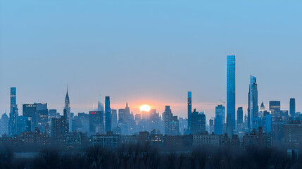 Fototapeta premium City Skyline Silhouette At Sunset With Blue Tones Buildings Lit Orange Horizon and Modern Architecture