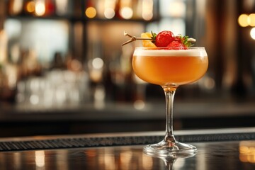 Elegant Cocktail Served in a Glass With Fresh Fruit Garnish in a Stylish Bar Setting at Evening