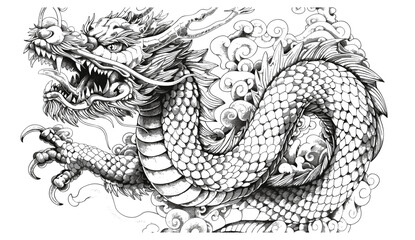 Japanese Dragon vintage engraving, snake sketch, black and white tattoo silhouette, hand drawn vector, Chinese character art, dragon tattoo design, mythical illustration