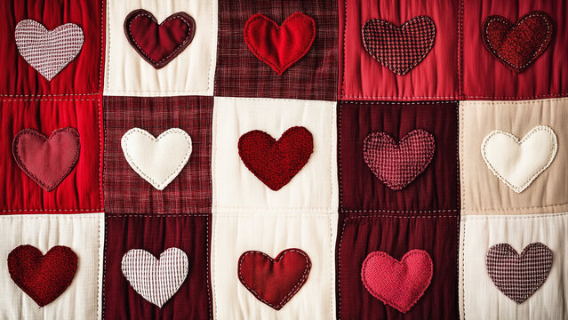 A patchwork with heart patterns in shades of red and cream.