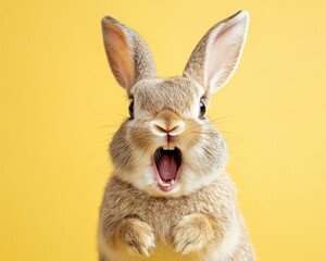 An angry bunny in a minimalistic style, set against a yellow background, captured in photorealistic detail.