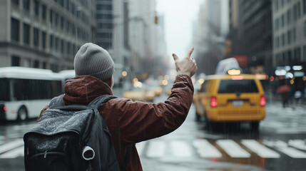 Passenger Hailing a Taxi on a Rainy Day in an Urban Setting