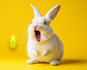 An angry white rabbit with a yellow background, captured in a photorealistic style.