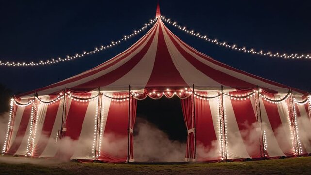 red white striped circus tent at night, illuminated by lights and featuring large banners on the sides. The top of the tent is decorated with red stripes and white canvas material. 