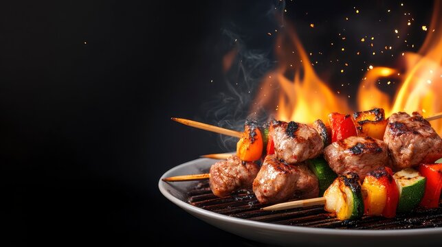 Delicious grilled meat and vegetable skewers on a barbecue, flames in the background.