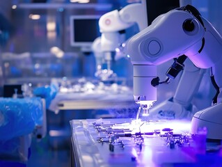 Medical device manufacturing scene, micro - welding robots processing surgical instrument prototypes under magnification lenses, with a sterile packaging area in the background