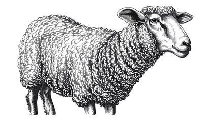 Vintage vector engraving, lamb illustration, ink sketch ram, black and white farm animal, sheep silhouette, mutton art, hand drawn vector, rustic farm scene