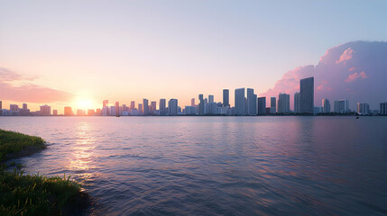 Obraz premium Panoramic View of a Coastal City at Sunset with Buildings Reflecting in the Water under a Colorful Sky