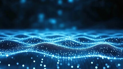 A mesmerizing digital representation of blue waves, featuring glowing particles that create an ethereal underwater atmosphere.
