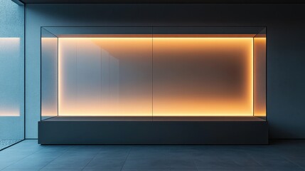 A sleek, minimalist display case, its glass front reflecting the soft, ethereal glow of the ambient lighting, stands silently, awaiting its next treasure.