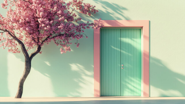 masterpiece of minimalism and natural beauty, blending soft pastel colors, simple architecture, and a blossoming tree to create a tranquil and visually captivating composition