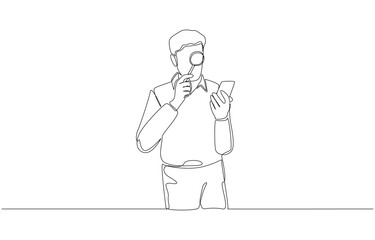 Obraz premium Continuous one line drawing of man looking at smartphone screen through magnifying glass, consuming news with discretion, filtering fake news concept, single line art
