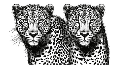 Black and white vector engraving leopard set, cheetah, jaguar, panther, Africa wild cat, hand drawn illustration, ink sketch, animal silhouette, art background