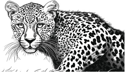 Vector vintage engraving leopard set, panther illustration, ink sketch, Africa wild cat, cheetah background, jaguar animal, silhouette art, black and white, hand drawn, wildlife print