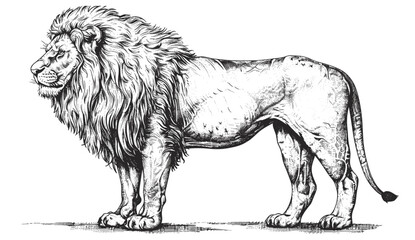 Vector lion king engraving, vintage sketch, Africa wild cat, hand drawn animal, black and white silhouette, background illustration, wildlife predator, majestic feline,