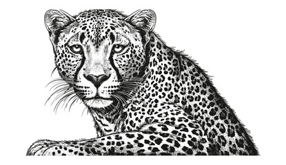Vector leopard engraving, panther illustration, ink sketch, Africa wild cat, cheetah background, jaguar animal, black and white, hand drawn, feline predator, wildlife art, nature sketch
