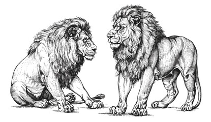 Vintage engraving lion king set, vector illustration, ink sketch, Africa wild cat, black and white hand drawn animal, background silhouette, wildlife art, majestic predator