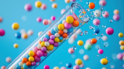 A kaleidoscope of vibrant candy balls tumbled from an open test tube onto a serene blue background, a whimsical explosion of color that captured the playful spirit of childhood and the allure of
