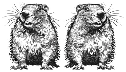 Vintage engraving marmot vector illustration, isolated groundhog ink sketch, woodchuck background, black and white hand drawn image, wildlife animal art, nature drawing © aura studio