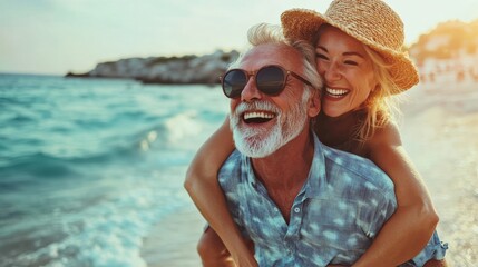 A happy older couple wearing beachwear, laughing as they enjoy a piggyback ride near the water