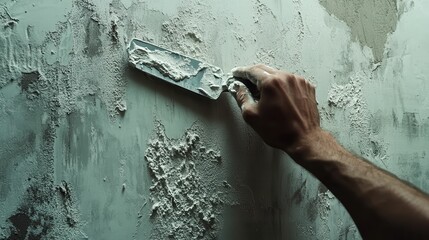 Spackle: Man Holds Putty Knife, Repairing Ceiling and Wall with Hand Tools