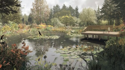 Fototapeta premium Serene Autumn Garden Pond with Wooden Deck
