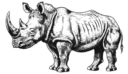 Rhinoceros ink sketch, vintage engraving, black and white art, hand-drawn silhouette, Africa rhino, wildlife illustration, nature, safari, animal art, sketch of rhino silhouette. © aura studio