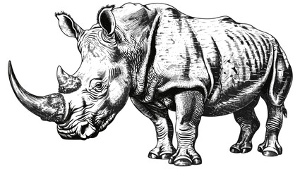 Obraz premium Vintage rhino engraving, hand-drawn sketch, Africa silhouette, black and white, wildlife art, rhino illustration, nature scene, sketch of rhino, animal silhouette art.