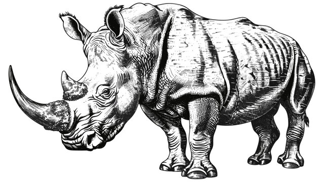 Vintage rhino engraving, hand-drawn sketch, Africa silhouette, black and white, wildlife art, rhino illustration, nature scene, sketch of rhino, animal silhouette art.
