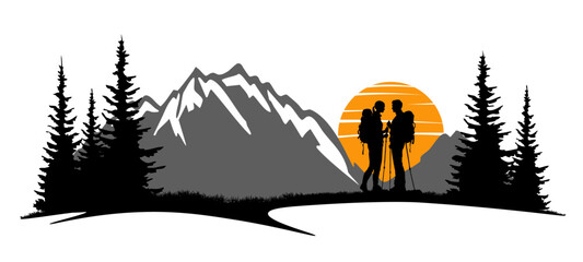 Black silhouette of hiker couple hiking in mountains forest woods landscape panorama illustration icon vector for logo, campimg adventure travel background