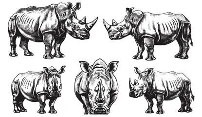 Hand-drawn rhino sketch, vintage engraving, Africa background, black and white illustration, ink sketch, wildlife silhouette, nature art, rhino silhouette, animal drawing. © aura studio