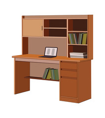 Wooden study desk with storage shelves, drawers, and a laptop for home office or workspace
