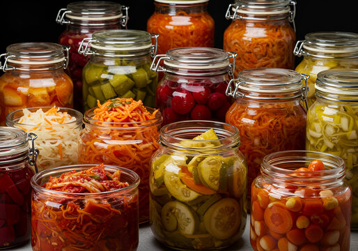 Naklejki A vibrant collection of assorted fermented foods displayed in clear glass jars, featuring a colorful array of textures and hues from vegetables and fruits, symbolizing healthy probiotic rich cuisine,p