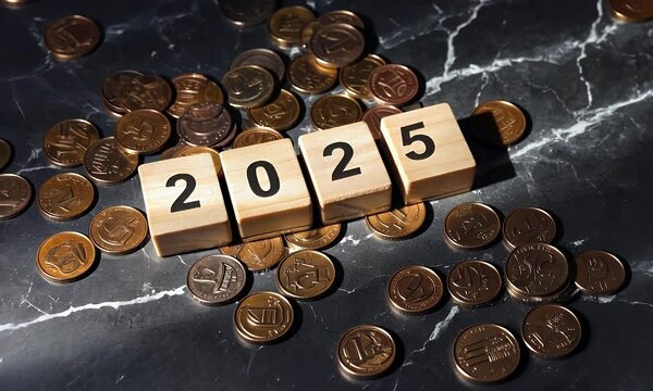 A wooden block display of the year 2025 surrounded by scattered coins on a dark marble surface.