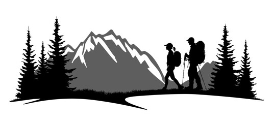 Black silhouette of hiker couple hiking in mountains forest woods landscape panorama illustration icon vector for logo, campimg adventure travel background