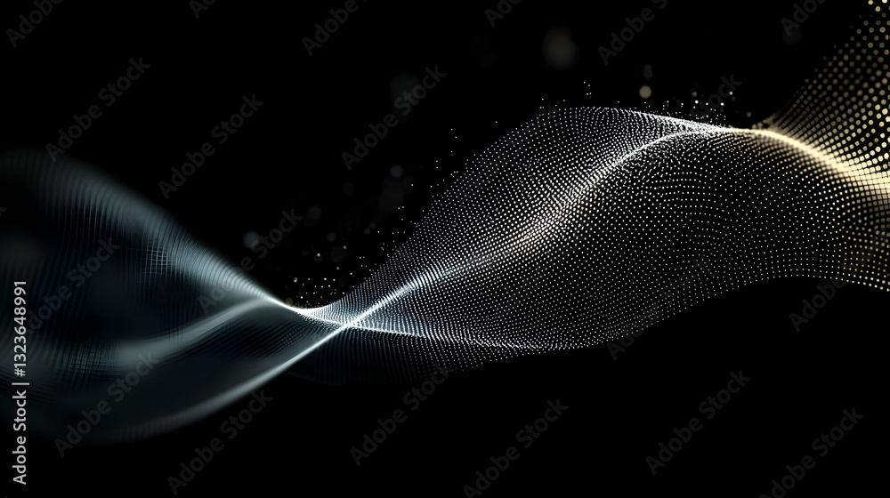 Fototapete Abstract Digital Wave Formed Of White And Yellow Particles Against Black Background With Bokeh Effect