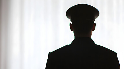 Officer silhouette in a dimly lit room capturing authority and mystery