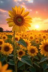 Obraz premium Golden Hour Sunflower Field A Single Bloom Stands Tall, Bathed in the Warm Glow of the Setting Sun, Surrounded by a Sea of Vibrant Yellow Petals