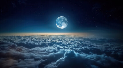 full moon glowing over peaceful night sky, illuminating soft clouds