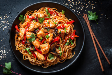a plate of noodles with chicken, mushrooms,